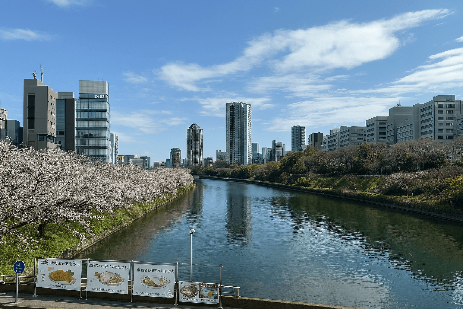 Tokyo cityscape with cherry blossoms